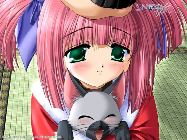 Anime picture 1280x960 with snow (game) studio mebius wakou ouka green eyes pink hair girl hat cat