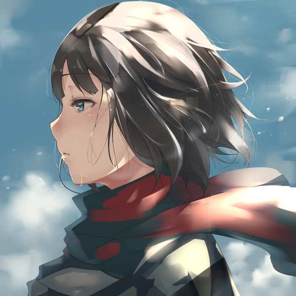 Anime picture 2000x2000 with original c.c.r single fringe highres short hair blue eyes black hair sky cloud (clouds) profile wind tears sad girl scarf red scarf