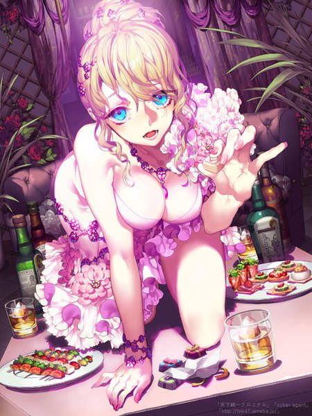 Anime picture 600x800 with original pika (kai9464) single long hair tall image breasts open mouth blue eyes light erotic blonde hair cleavage girl dress hair ornament flower (flowers) food