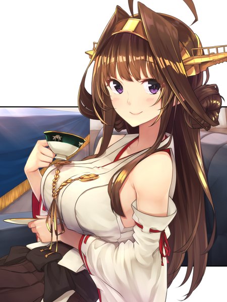 Anime picture 2400x3200 with kantai collection kongou battleship baffu single long hair tall image looking at viewer blush fringe highres breasts smile brown hair large breasts sitting purple eyes bare shoulders holding payot upper body