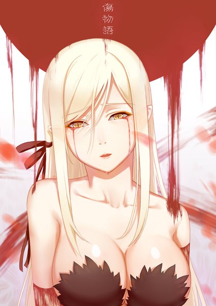 Anime picture 1052x1488 with kizumonogatari shaft (studio) monogatari (series) kissshot acerolaorion heartunderblade shoutai (7490773) single long hair tall image looking at viewer fringe breasts light erotic hair between eyes large breasts bare shoulders yellow eyes cleavage upper body white hair parted lips