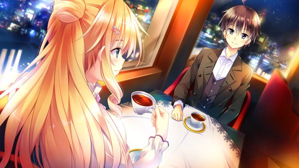 Anime picture 1920x1080 with golden marriage ensemble (studio) kasugano yukariko long hair blush highres short hair blue eyes black hair blonde hair smile wide image sitting game cg city lights girl boy hairclip cup teacup