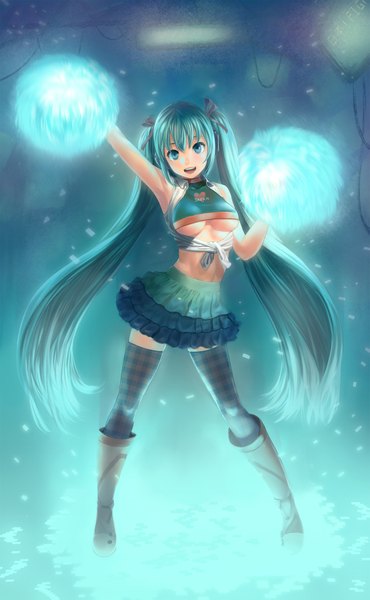 イラスト 1455x2357 と ボーカロイド 初音ミク lasterk ソロ 長髪 長身像 ツインテール aqua eyes aqua hair glowing cheerleader 女の子 ストッキング スカート ミニスカート ブーツ 縞ストッキング