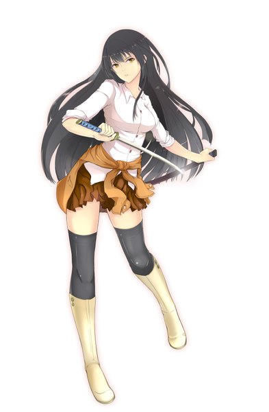 Anime picture 1200x1829 with original srkh single long hair tall image looking at viewer black hair simple background white background brown eyes zettai ryouiki girl thighhighs skirt weapon black thighhighs miniskirt shirt sword boots