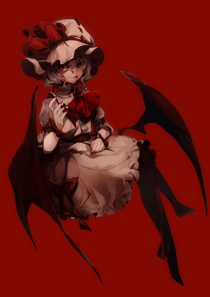 Anime picture 899x1269 with touhou remilia scarlet no-kan single tall image looking at viewer fringe short hair simple background smile hair between eyes red eyes sitting full body nail polish fingernails grey hair crossed legs long fingernails red background