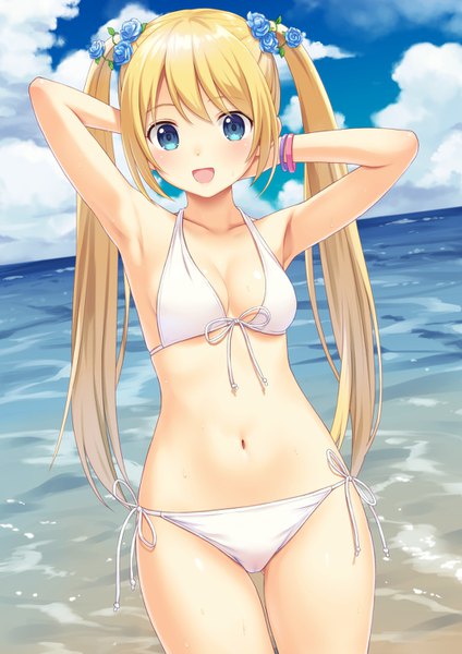 Anime picture 1000x1415 with original n.g. single long hair tall image looking at viewer blush fringe breasts open mouth blue eyes light erotic blonde hair smile standing twintails sky cleavage cloud (clouds) :d