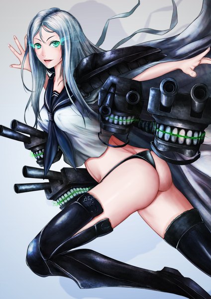 Anime picture 1654x2339 with kantai collection ta-class battleship ytoy single long hair tall image looking at viewer open mouth light erotic green eyes silver hair ass girl underwear panties weapon thigh boots sailor suit