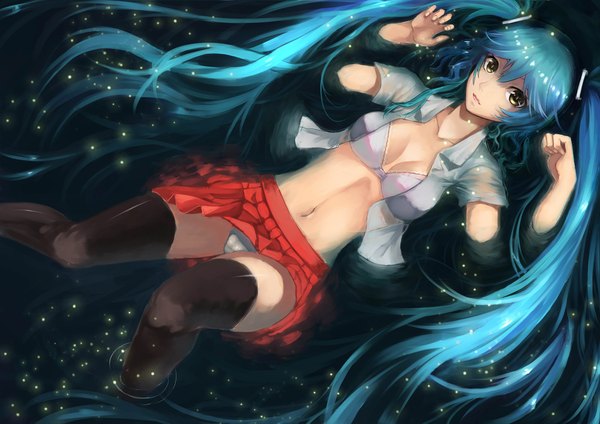 Anime picture 2000x1414 with vocaloid hatsune miku wenhe single looking at viewer highres breasts light erotic twintails brown eyes very long hair aqua hair open clothes open shirt cameltoe girl thighhighs skirt navel underwear