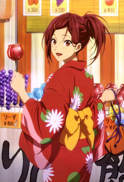 Anime picture 4080x5980 with free! kyoto animation nyantype matsuoka gou single long hair tall image blush highres open mouth red eyes absurdres ponytail red hair traditional clothes japanese clothes looking back official art girl bow
