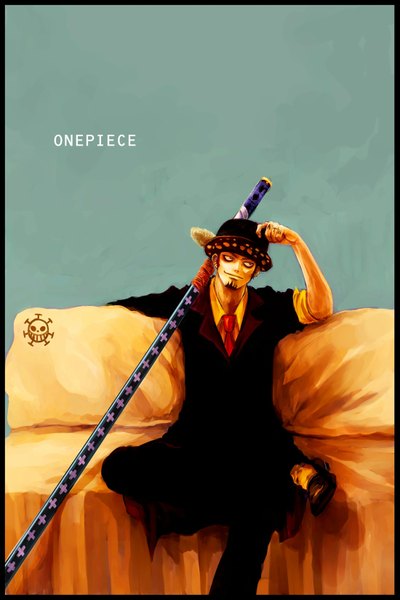 Anime picture 1099x1648 with one piece toei animation trafalgar law tsuyomaru tall image simple background smile sitting tattoo copyright name border weapon over shoulder boy weapon hat sword katana suit
