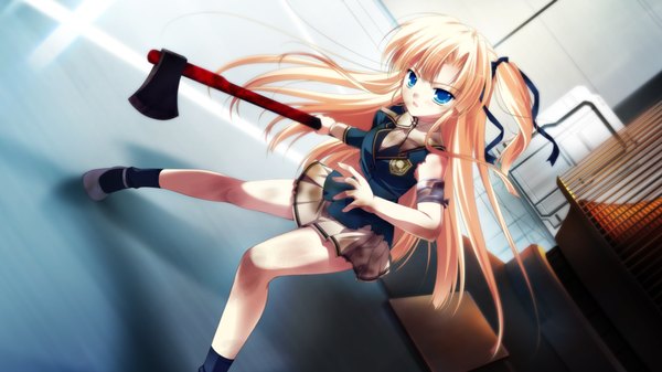 Anime picture 1280x720 with root double sannomiya louise yui long hair blue eyes blonde hair wide image game cg one side up girl uniform ribbon (ribbons) hair ribbon school uniform axe