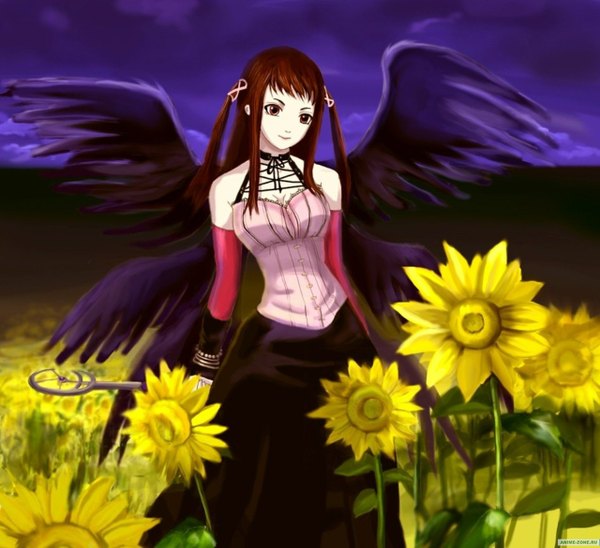 Anime picture 1280x1170 with rosario+vampire toujou rubi single long hair brown hair standing brown eyes sky light smile witch field girl detached sleeves wings staff sunflower