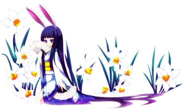 Anime picture 7065x4245 with original akino sora single looking at viewer blush fringe highres simple background red eyes wide image white background holding animal ears blue hair absurdres full body bent knee (knees) blunt bangs very long hair traditional clothes