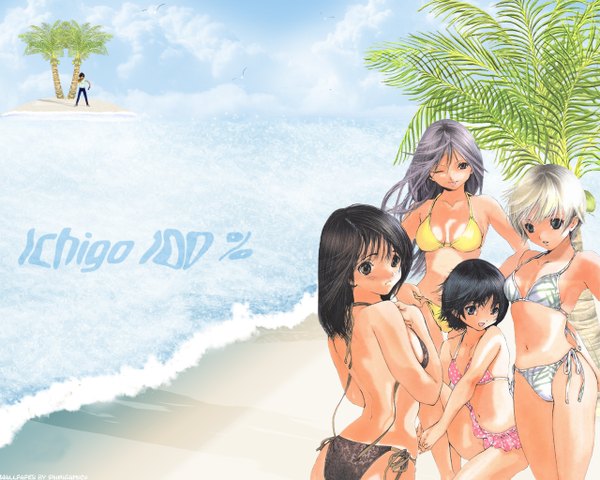 Anime picture 1280x1024 with ichigo 100 toujou aya nishino tsukasa minamito yui kitaoji satsuki light erotic beach jumping summer swimsuit