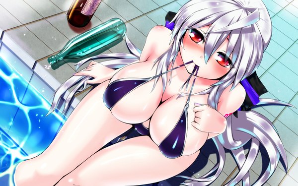 Anime picture 1920x1200 with vocaloid yowane haku looking at viewer blush highres breasts light erotic red eyes wide image large breasts silver hair huge breasts girl swimsuit bikini water bottle pool