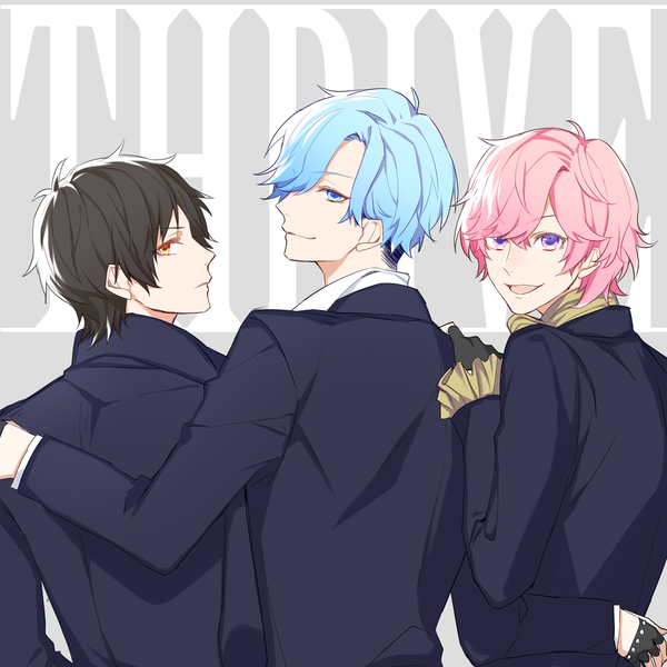 Anime picture 2000x2000 with b-project a-1 pictures aizome kento ashu yuuta kaneshiro goushi ykrk 10 fringe highres short hair open mouth blue eyes black hair smile hair between eyes purple eyes blue hair pink hair upper body profile looking back