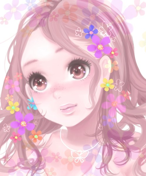 Anime picture 1368x1651 with minami haruya single long hair tall image looking at viewer red eyes brown eyes pink hair lips freckles girl flower (flowers) pendant insect butterfly