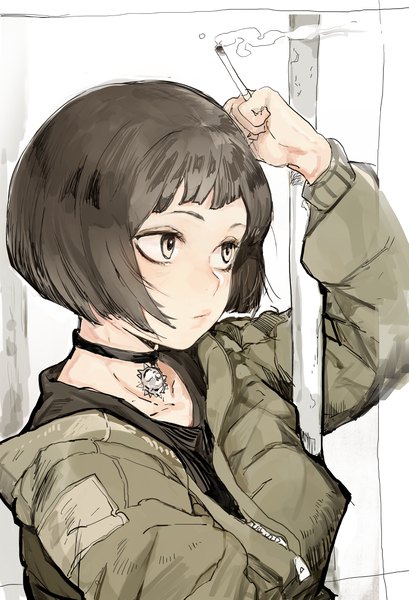 Anime picture 3077x4509 with leon (movie) mathilda lando hiranko single tall image highres short hair black hair simple background brown eyes looking away absurdres upper body arm up smoke girl choker jacket cigarette