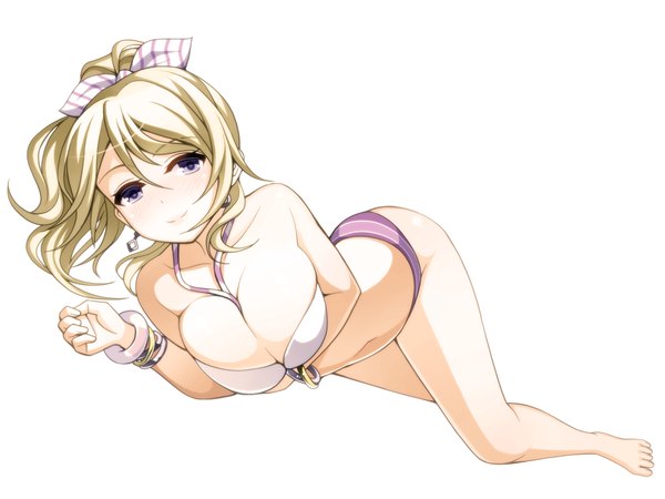 Anime picture 1000x750 with love live! school idol project sunrise (studio) love live! ayase eli torigoe takumi single long hair breasts blue eyes light erotic simple background blonde hair large breasts white background cleavage ponytail barefoot bare legs girl bow