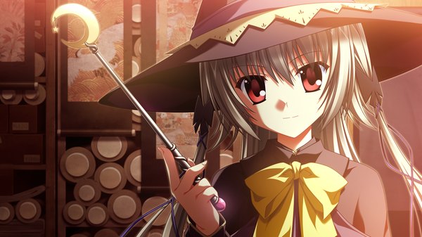 Anime picture 1280x720 with supipara kamishiro alice nanao naru long hair red eyes wide image twintails game cg silver hair witch girl witch hat wand