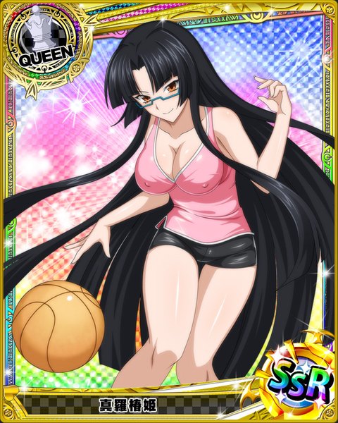 Anime picture 640x800 with highschool dxd shinra tsubaki single tall image looking at viewer breasts light erotic black hair brown eyes cleavage very long hair light smile card (medium) girl glasses ball bike shorts basketball ball
