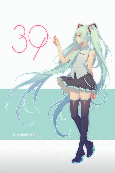 Anime picture 1377x2066 with vocaloid hatsune miku tidsean single tall image fringe breasts simple background smile hair between eyes standing twintails bare shoulders holding looking away full body very long hair profile pleated skirt arm up
