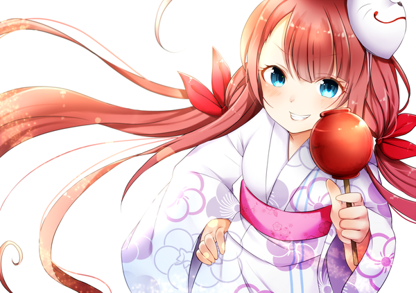 Anime picture 1227x867 with kantai collection kawakaze (kantai collection) mashiro aa single long hair looking at viewer blush blue eyes smile red hair traditional clothes japanese clothes mask on head girl food obi mask fruit yukata candy apple