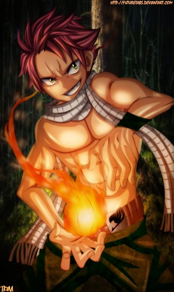 Anime picture 1130x1890 with fairy tail natsu dragneel futuretabs single tall image short hair smile green eyes pink hair grin coloring magic muscle boy plant (plants) tree (trees) scarf pants fire