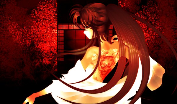 Anime picture 1000x587 with higurashi no naku koro ni studio deen sonozaki mion uru (pixiv1606516) single long hair fringe red eyes wide image bare shoulders ponytail red hair very long hair traditional clothes japanese clothes profile tattoo alternate costume floral print dark background