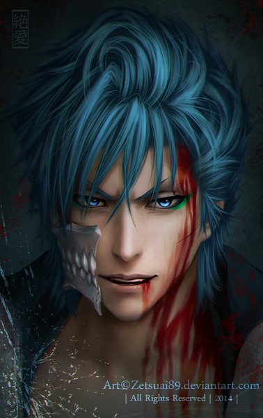 Anime picture 703x1115 with bleach studio pierrot grimmjow jeagerjaques zetsuai89 single tall image short hair open mouth blue eyes lips realistic aqua hair portrait close-up face espada boy blood mask