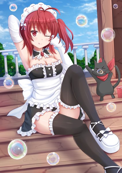 Anime picture 2893x4092 with nichijou original kyoto animation sakamoto (nichijou) kazenokaze single tall image blush highres short hair red eyes red hair one eye closed wink maid girl thighhighs gloves uniform black thighhighs