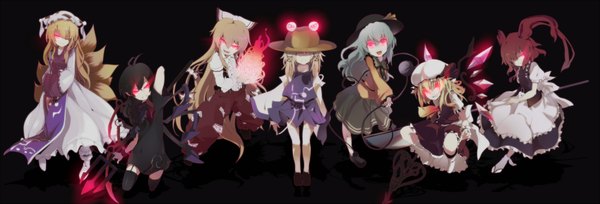 Anime picture 3400x1159 with touhou flandre scarlet komeiji koishi fujiwara no mokou moriya suwako yakumo ran houjuu nue onozuka komachi ogipote long hair fringe highres open mouth black hair simple background blonde hair smile wide image twintails animal ears