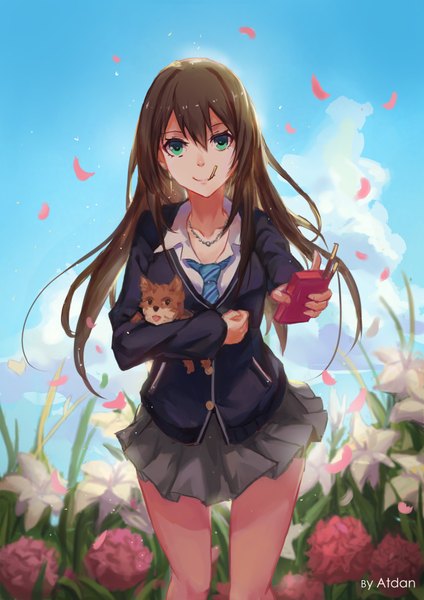 Anime picture 2480x3507 with idolmaster idolmaster cinderella girls shibuya rin atdan long hair tall image looking at viewer fringe highres smile brown hair standing holding green eyes cloud (clouds) pleated skirt outstretched arm eating open collar girl