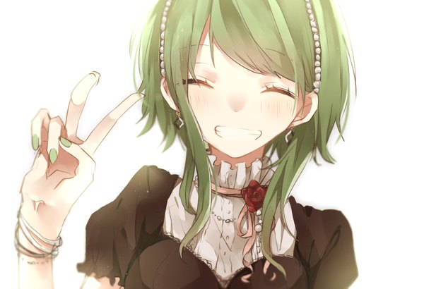 Anime picture 1754x1200 with vocaloid gumi hachi8382 single long hair blush highres open mouth simple background white background eyes closed nail polish green hair green nail polish girl flower (flowers) earrings bracelet rose (roses) red rose
