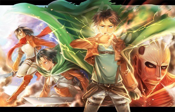 Anime picture 1024x662 with shingeki no kyojin production i.g mikasa ackerman eren yaeger levi (rivaille) bertolt hoover colossal titan f-wd short hair open mouth black hair brown hair brown eyes green eyes open clothes open jacket grey eyes smoke group lightning