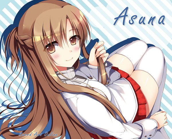 Anime picture 1000x812 with sword art online a-1 pictures yuuki asuna sousouman single long hair looking at viewer blush smile brown hair brown eyes girl thighhighs skirt white thighhighs