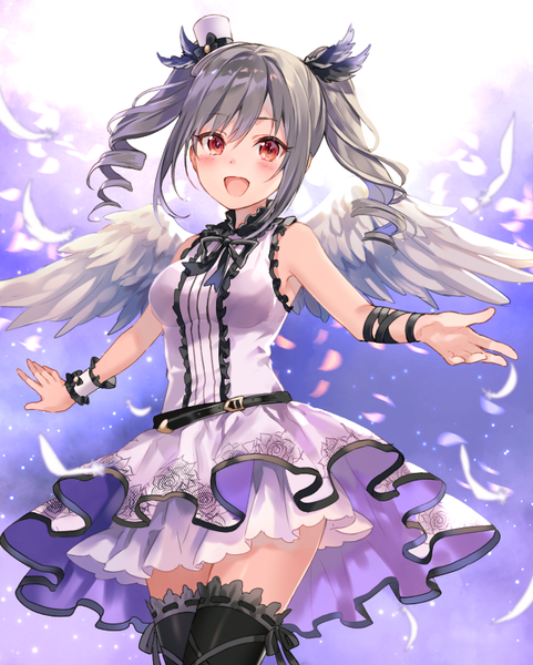 Anime picture 641x800 with idolmaster idolmaster cinderella girls kanzaki ranko fukahire (ruinon) single long hair tall image blush fringe open mouth smile hair between eyes red eyes standing twintails bare shoulders payot looking away head tilt :d