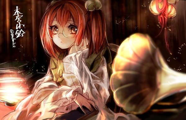 Anime picture 900x584 with touhou motoori kosuzu no-kan single fringe short hair red eyes signed looking away red hair arm support two side up hair bell girl glasses book (books) bell hair tie jingle bell hair bobbles