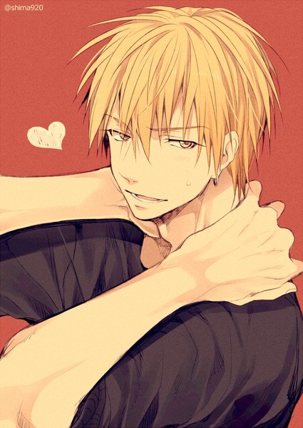 Anime picture 600x847 with kuroko no basket production i.g kise ryouta mashima shima single tall image fringe short hair open mouth simple background blonde hair hair between eyes signed yellow eyes looking away upper body from above red background arm around neck boy