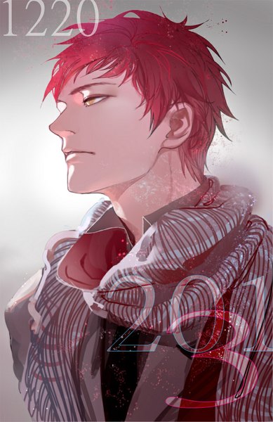 Anime picture 670x1033 with kuroko no basket production i.g akashi seijuurou 321wei single tall image fringe short hair simple background yellow eyes looking away red hair lips grey background dated happy birthday boy necktie scarf suit