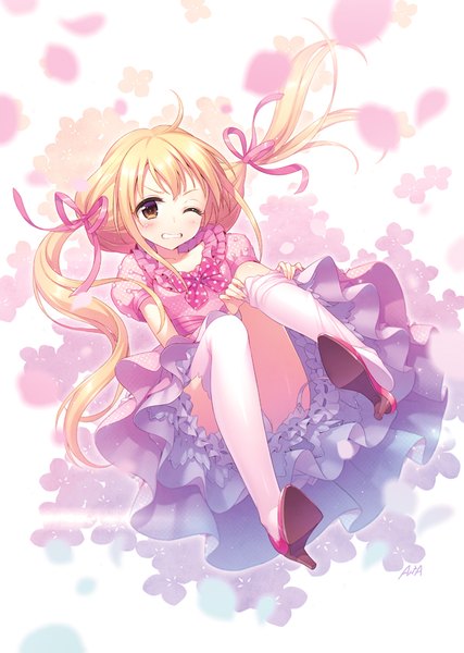 Anime picture 600x842 with idolmaster idolmaster cinderella girls futaba anzu an2a single long hair tall image looking at viewer blush fringe light erotic simple background blonde hair white background twintails yellow eyes payot full body ahoge bent knee (knees)