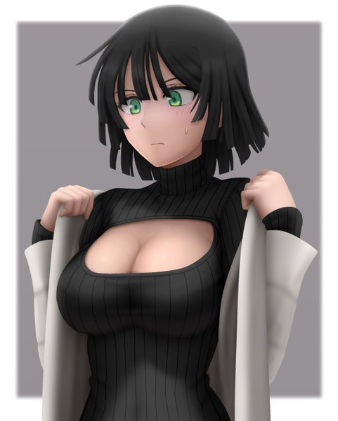 Anime picture 1000x1246 with one-punch man madhouse fubuki (one-punch man) siraha single tall image short hair light erotic black hair green eyes looking away cleavage girl turtleneck open-chest turtleneck