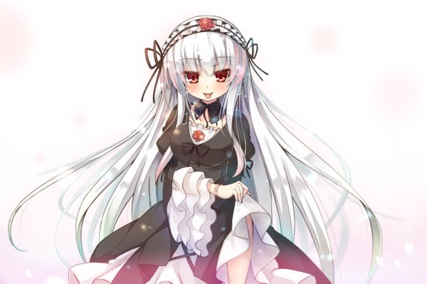 Anime picture 1250x833 with rozen maiden suigintou asa (swallowtail) single long hair blush simple background red eyes white hair :p lolita fashion goth-loli girl dress headdress