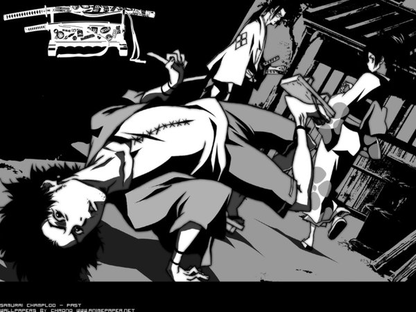 Anime picture 1600x1200 with samurai champloo mugen (samurai champloo) jinnosuke fuu (samurai champloo) short hair black hair japanese clothes black eyes grey background arm support multiple boys tattoo black background monochrome girl boy weapon sword glasses kimono