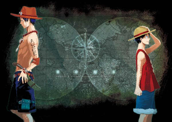 Anime picture 1200x850 with one piece toei animation monkey d. luffy portgas d. ace nako1222 short hair black hair blue hair profile tattoo hand on hip topless boy weapon hat shorts belt beads straw hat fanny pack