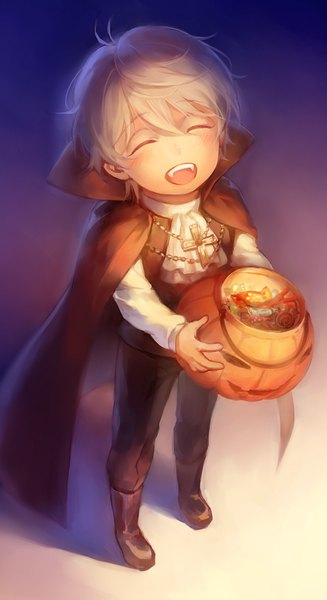 Anime picture 600x1100 with aldnoah.zero a-1 pictures slaine troyard kanmuri (hanyifan30338) single tall image blush fringe short hair open mouth blonde hair standing eyes closed fang (fangs) happy halloween alternate age boy shirt food