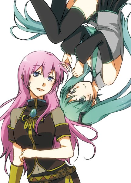 Anime picture 1000x1387 with vocaloid hatsune miku megurine luka sekihara umina long hair tall image open mouth blue eyes smile twintails bare shoulders multiple girls pink hair very long hair aqua eyes aqua hair girl thighhighs skirt ribbon (ribbons)