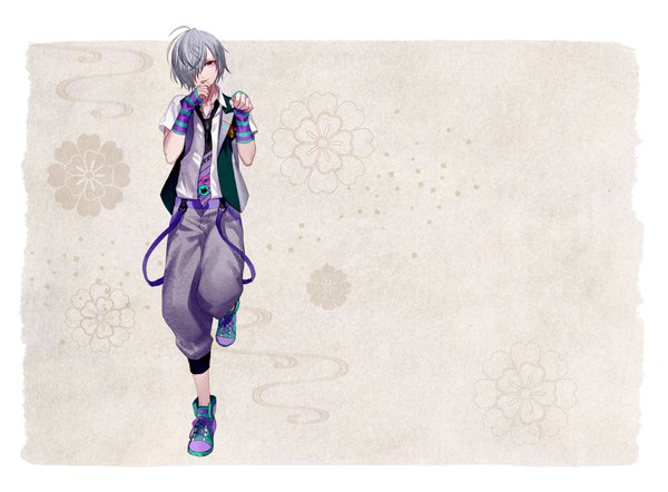 Anime picture 1133x835 with yuugen romantica rejet arahagi tayuya1130 single looking at viewer fringe short hair standing full body ahoge bent knee (knees) pink eyes grey hair hair over one eye official art standing on one leg licking paw pose boy