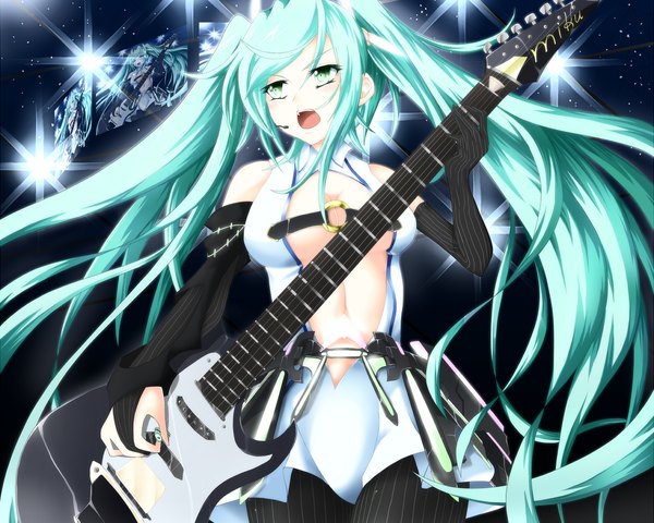 Anime picture 1280x1024 with vocaloid hatsune miku 7ban (artist) single breasts open mouth light erotic twintails bare shoulders very long hair aqua eyes aqua hair midriff girl gloves detached sleeves elbow gloves guitar