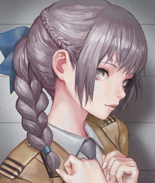 Anime picture 848x1000 with full metal panic! gonzo teletha testarossa canking single tall image fringe short hair simple background lips grey hair grey eyes girl uniform bow hair bow necktie military uniform